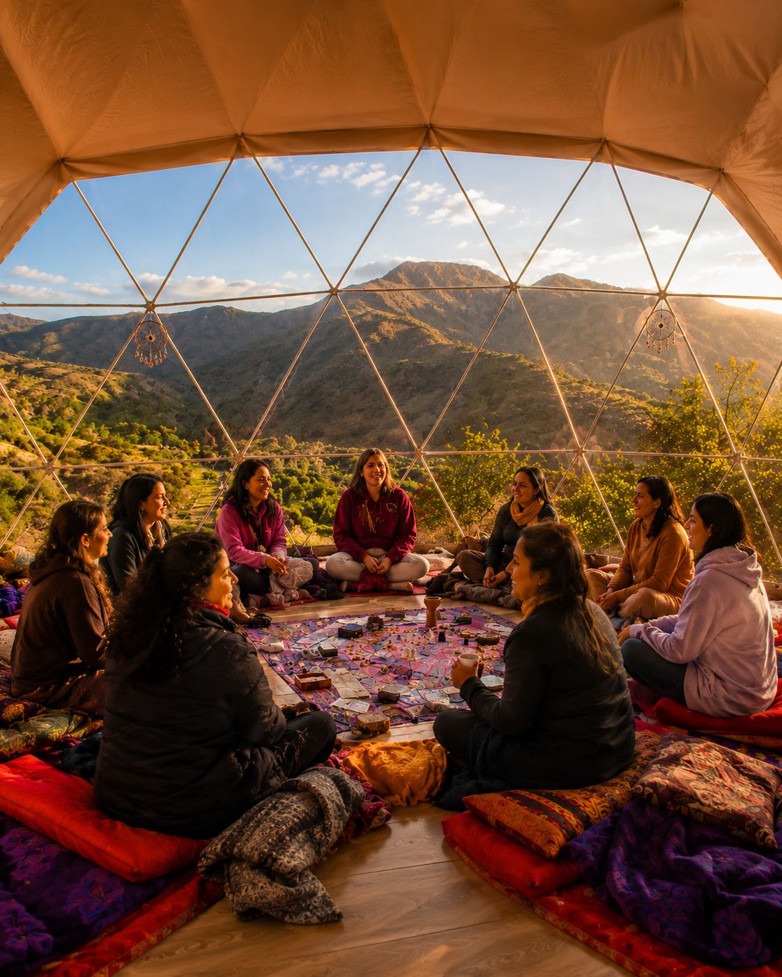 Domo geodésico de Espacio Uritorco al atardecer, frente al Cerro Uritorco